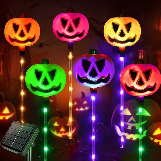 Homeleo Set of 6 Solar Pumpkin Pathway Lights for Halloween Decorations Outdoor, Color Changing Outdoor Lights, Light up Jack O Lantern Pumpkins Party Porch Yard HLD578