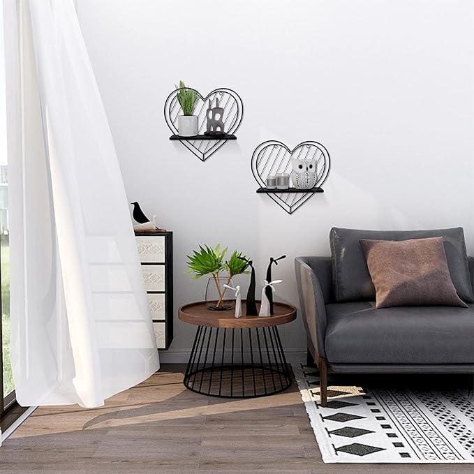 Afuly Floating Shelves - Black Wall Shelf, Heart Shaped Modern Minimalist Storage Rack Organizer for Bedroom, Bathroom, Living Room Home Decor