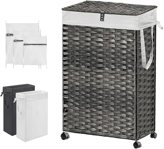 88L Slim Laundry Hamper with Wheels, 23.3 Gallon Rolling Laundry Basket with Lid, Tall and Narrow Laundry Hamper with 2 Removable Liner & 3 Mesh Laundry Bags, Laundry Sorter for Bathroom, Grey
