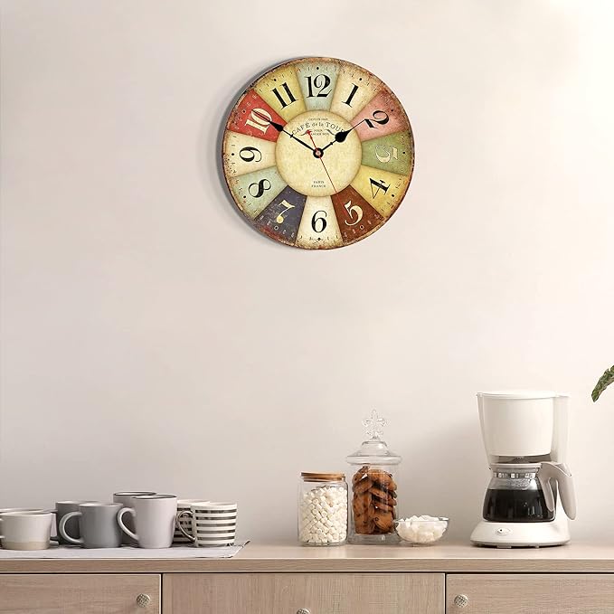 VIKMARI 8 Inch Silent Non-Ticking Wall Clock Arabic Numerals Retro Clocks Wooden Decorative Round Wall Clocks Battery Operated Indoor Wall Clocks Paris French Rustic Style Home Decor Wall Clock