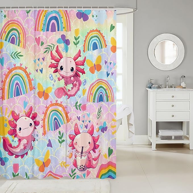 Feelyou Cute Axolotl Bathroom Waterproof Accessories with 12 Hooks Cartoon Salamander Shower Curtain for Kids Boys Girls Rainbow and Butterflies Fabric Shower Curtain Ombre Curtains,72X72 Inches