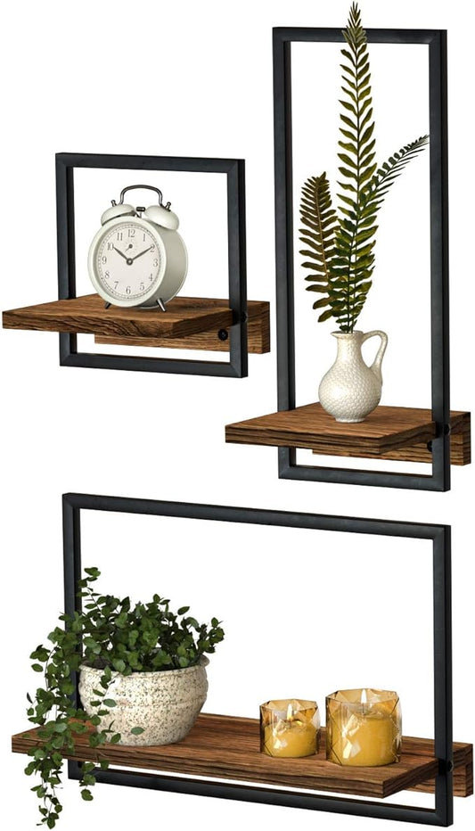 Metal Frame Rustic Wooden Floating Hanging Shelves, Home Decor Wall Mounted Display Organizing Shelf for Living Room, Bedroom, Office Bathroom. Set of 3