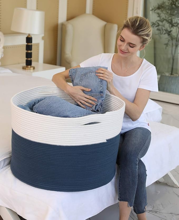 22" x 22" x 16" Mega Size Extra Large Storage Basket, Cotton Rope Storage Baskets, Woven Laundry Hamper, Cloth Storage Bin, for Clothes Towel Blanket Basket in Living Room, Dark Blue