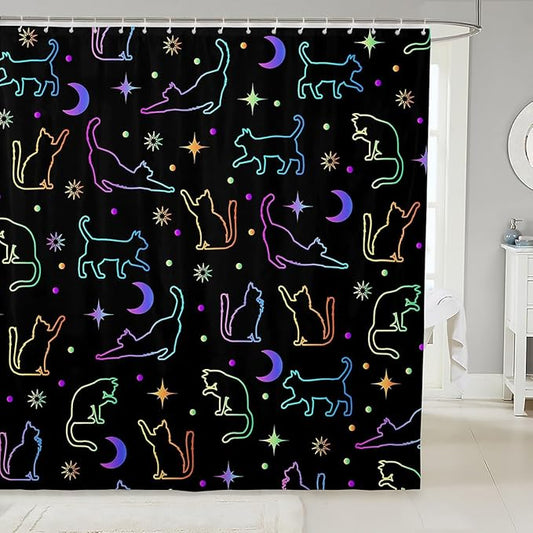 Manfei Cute Cats Silhouettes Kids Shower Curtains,Sun Moon Starry Sky Dots Trippy Bathroom Curtains for Girls Boys,Abstract Pets Animals Purple Cute Waterproof Curtains,12 Hooks Suits,72" W x 84" L