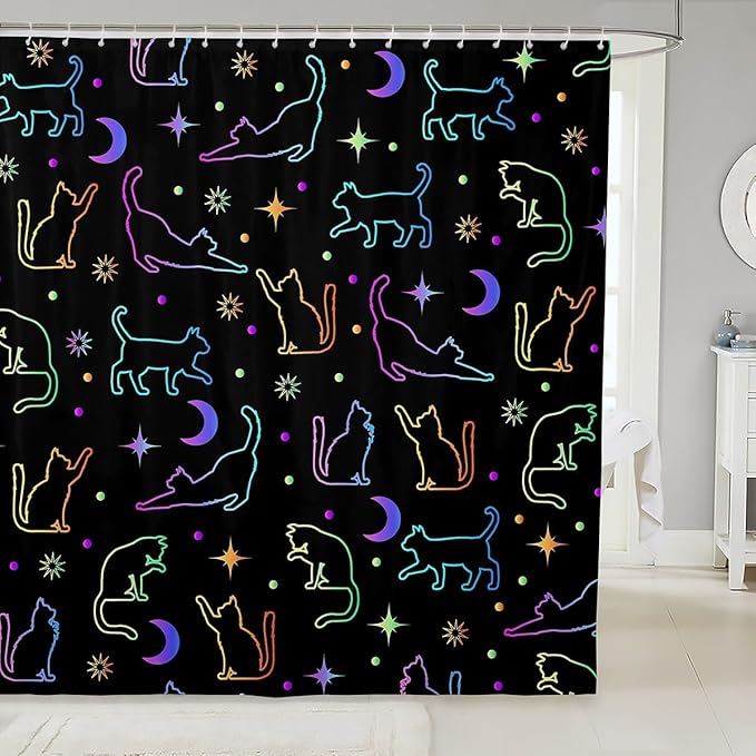 Manfei Cute Cats Silhouettes Kids Shower Curtains,Sun Moon Starry Sky Dots Trippy Bathroom Curtains for Girls Boys,Abstract Pets Animals Purple Cute Waterproof Curtains,12 Hooks Suits,72" W x 78" L
