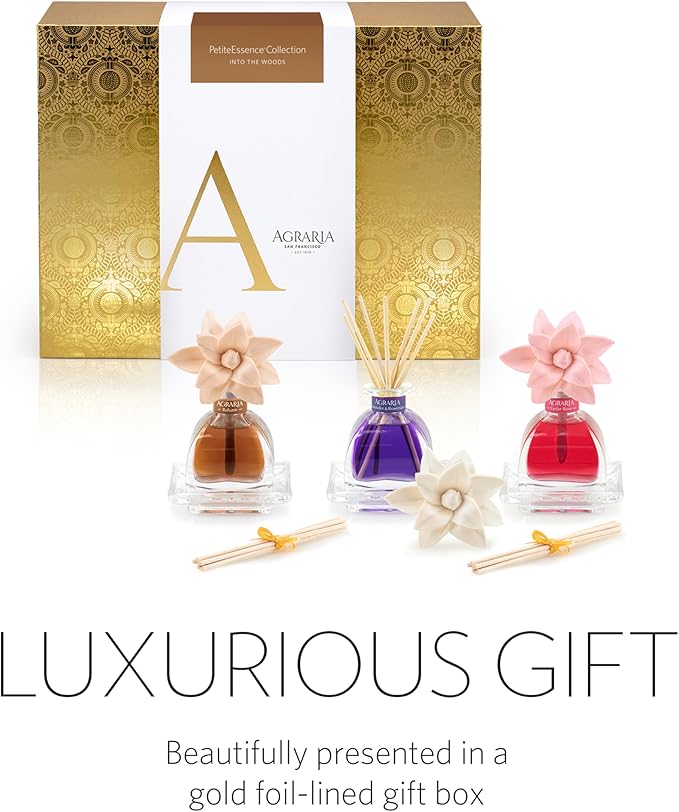 Agraria Into The Woods PetiteEssence Collection, Handmade Sola Flower Reed Diffuser Set of 3, 1.7 oz Each, Scented Oil Diffuser Gift Set for Home