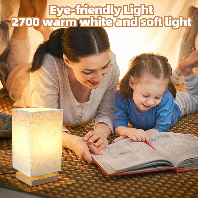 Small Square Bedside Table Lamp for Bedroom set of 2,Minimalist Wood Base & Round Fabric Shade,Mini Cute Cozy Warm Nightstand Boho Lamp, Study Desk Night Stand Light for Room,Dorm,Nursery,Living Room