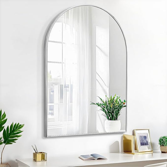 24x36 Arch Mirror Square Full Length Wall Mounted Hanging or Against Wall Metal Frame Dressing Make-up Mirrors for Entryway Bedroom Bathroom Living Room 24 36 inch Silver