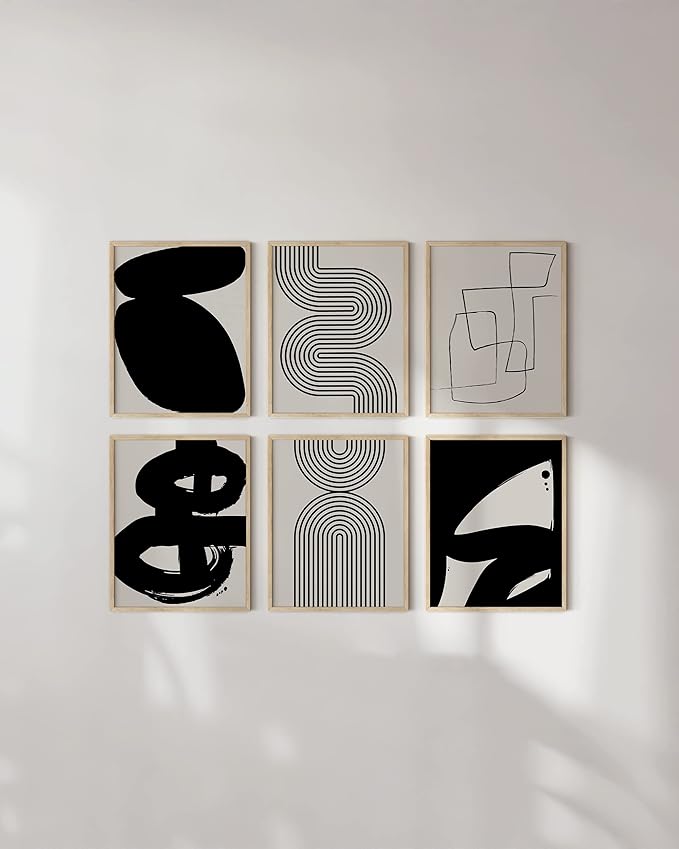 HAUS AND HUES Black Abstract Painting Aesthetic Wall Art- Set of 6 Modern Abstract Wall Art, Black and Gray One Line Abstract Art, Geometric Print Wall Art, Minimalist Wall Art (Beige Frame, 11x14)