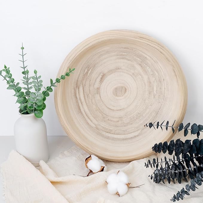 Wooden Decorative Bowls, 13 Inch Round Paulownia Wood Centerpiece Bowls for Home Decor, Natural Fruit Bowl for Coffee Table, Key Tray for Entryway Moss Holder (Wooden)