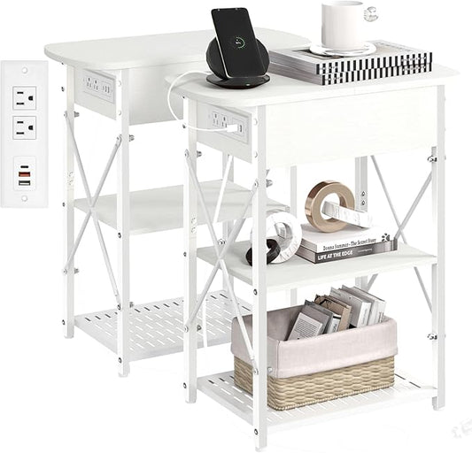 Narrow End Table with Charging Station, Side Tables Set of 2 for Small Spaces, Flip Top End Table with Storage, End Tables Living Room, Nightstand Set 2 with Drawer for Bedroom, White