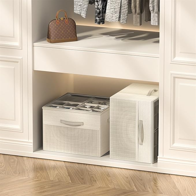Aokeyee Shoe Organizer for Closet,Foldable Shoe Storage Organizer Box Bin with Adjustable Dividers and Clear Cover, Fits up to 16 Pairs (Beige)