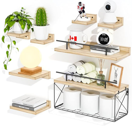 Floating Shelves for Wall Set of 8, Wall Shelves for Decoration and Storage, Bathroom Shelves with Wire Storage Tier, Wood Shelves for Bathroom, Living Room, Bedroom, Kitchen, Decor, 3 Size