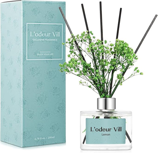 L'OEUR Vill Reed Diffuser Set - 6.7 oz (200ml) Lemon Scented Home Fragrance with 6 Oil Diffuser Sticks for Large Rooms & Bathrooms