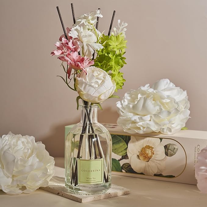 COCORRÍNA Reed Diffuser - White Tea 8.5 Fl.oz/ 250ml Flower Diffuser with 8 Sticks, Reed Diffusers for Home Bathroom Shelf Decor (Botanical Flower Collection)