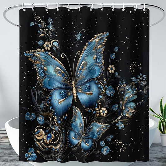 AILONEN Butterfly Shower Curtain for Bathroom, Blue Butterfly Waterproof Shower Curtain,Modern Fashion Minimalist Shower Curtain Bathroom Decor with 12 Plastic Hooks 72" W*96" H