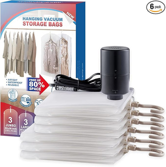 Hanging Vacuum Storage Bags, 6 Pack Hanging Storage Bags for Clothes With Electric Pump, Vacuum Sealed for Suits, Dress, Jackets (3 Long, 3 Short)