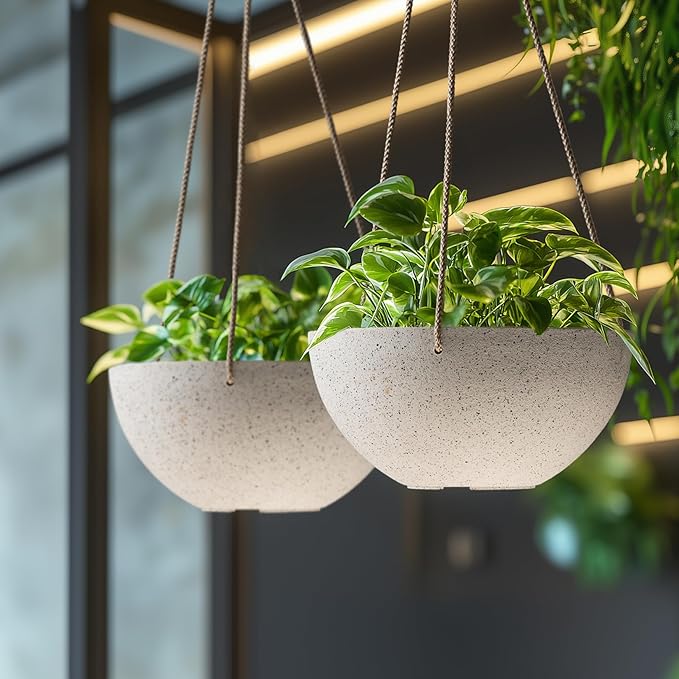 LA Jolie Muse Hanging Planters for Indoor Plants - Flower Pots Outdoor 10 inch Garden Planters and Pots,Speckled White Set of 2