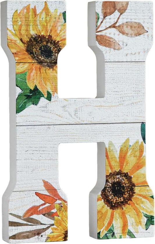COLLECTIVE HOME - 10" Wood Lettes for Wall Decor, Sunflower Tabletop Alphabet Decoration, DIY Farmhouse Decor, Rustic Freestanding Monogram Block (H)