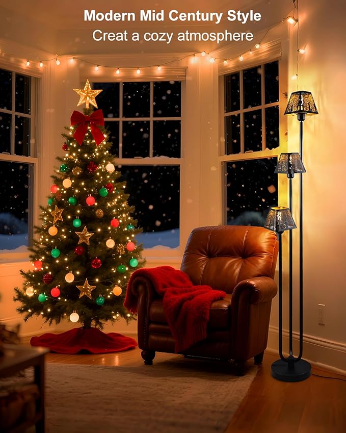 63IN Black Floor Lamp, Unique 3 Poles Tall Standing Lamps with Metal Shade, 3000K Warmwhite Mid Century Modern Floor Lamp for Living Room Home Office(Bulbs Included)