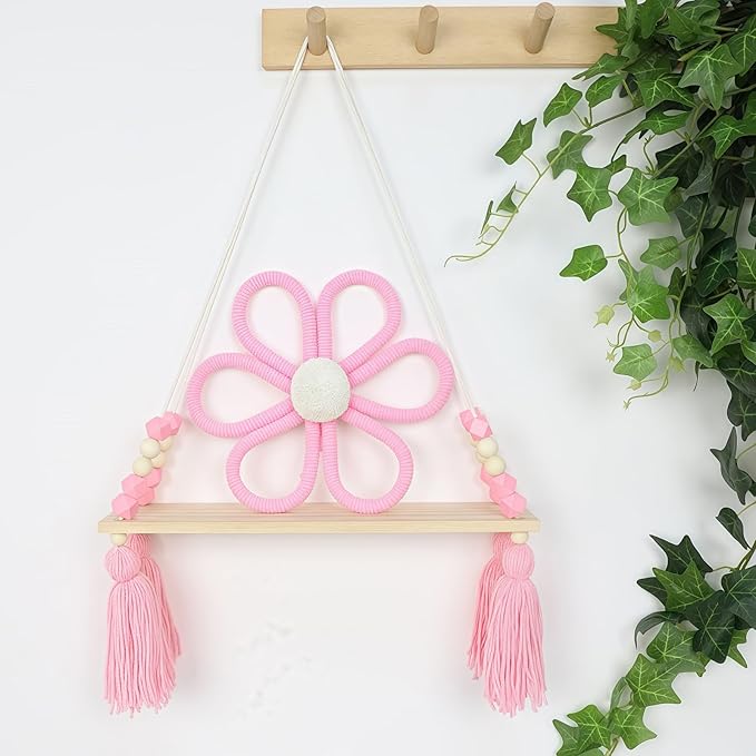 Rope Hanging Floating Shelves Wood Beads Wall Shelf Boho Storage Rack Decorative Display Ledge Shelf for Living Room Room Bedroom Bathroom Kitchen Pink
