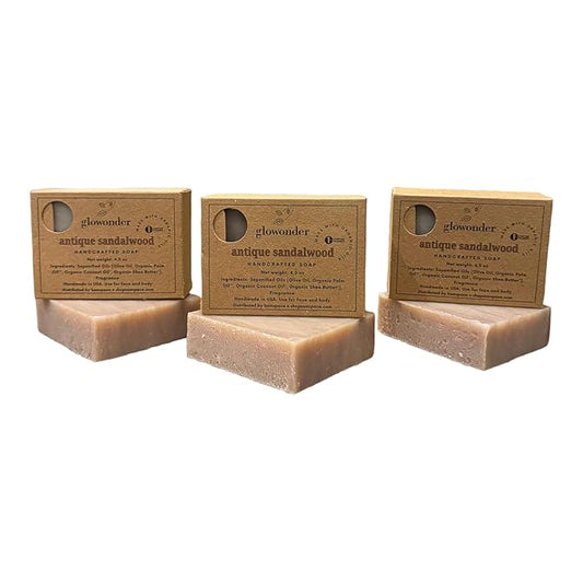 3 Pack Antique Sandalwood Handmade Organic Bar Soap for Face and Body - Moisturizing, All-Natural, Cruelty-Free - Botanical Ingredients - Shower, Bath, Hand Soaps, Gifts - 13.5 oz