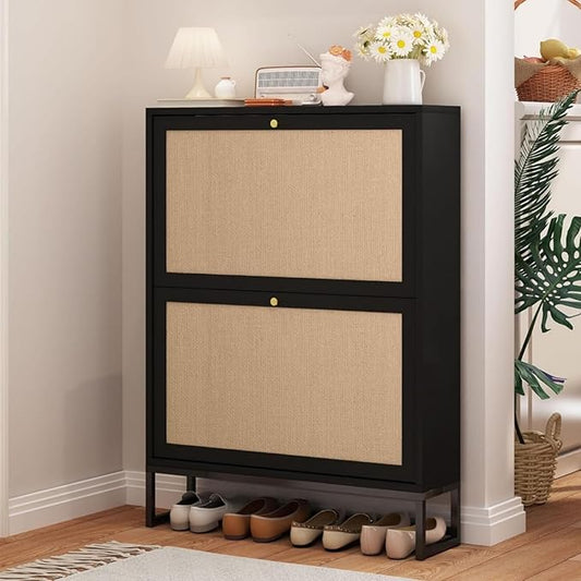 AVZEAR Narrow Shoe Cabinet with 2 Flip Drawer, Freestanding Shoe Organizer Shoe Cabinet Storage for Entryway, Slim Shoe Storage Shoe Rack for Closet with Linen Doors in Hallway, Living Room(Black)