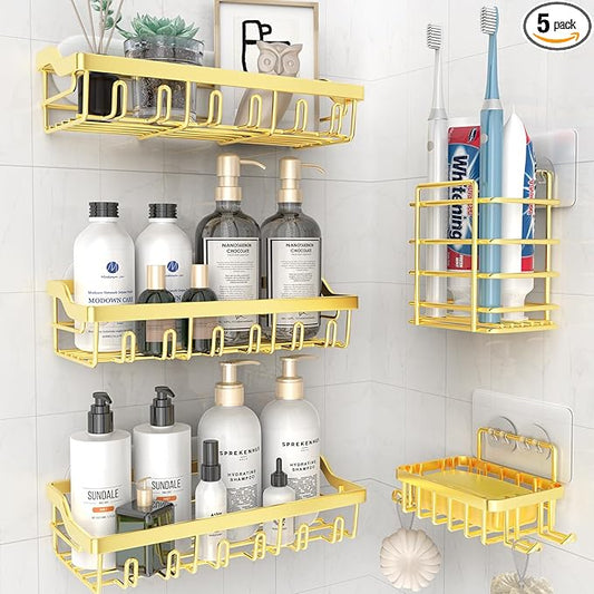 5 Pack Adhesive Shower Caddy, Rustproof Stainless Steel Shower Racks for Bathroom Organizers & Storage, Gold Wall Mounted Shower Shelves for Inside Shower Apartment Bathroom Essentials