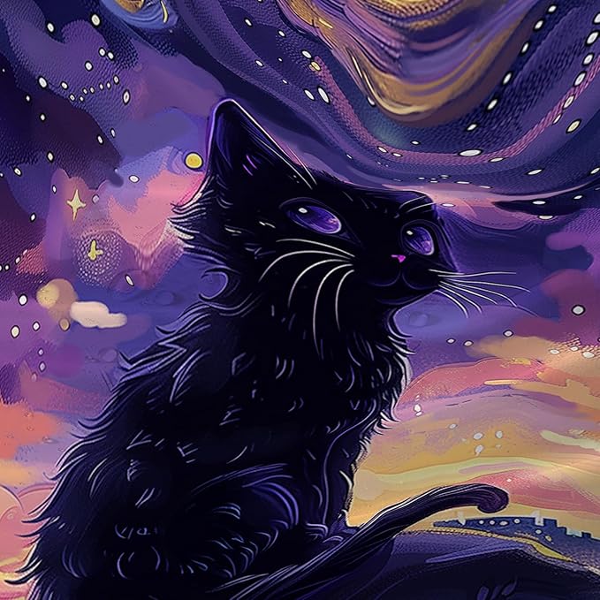 AILONEN Black Cat Shower Curtain,Cartoon Mother Son Kitten Shower Curtain Set for Kids Boys Girls,Boho Style Starry Night Shower Curtain with Hooks for Bathroom,36" W*72" H