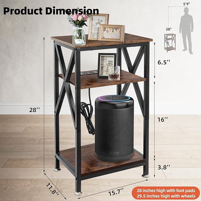 TooCust 3 Tier End Table with Charging Station, 16" W x 12" D x 28" H, Metal and Brown Bedside Table with USB Ports and Outlets, X-Shaped Side Table with Wheels for Living Room, Bedroom, Kitchen