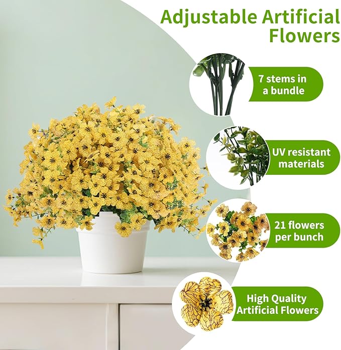 Artificial Flowers Outdoor, Faux Silk Flowers Plastic Plants for Outdoors Indoor Outside Front Porch Hanging Planter Window Box Garden Home Decoration, 14 Bundles(Yellow)