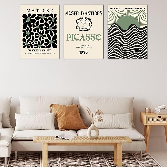 Sage Green Wall Posters & Prints, Green Matisse Wall Art Set of 3, Abstract Matisse Framed Wall Art Decor, Minimalist Geometric Line Green Canvas Artwork Paintings for Living Room, Bedroom, Office