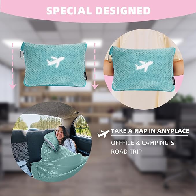 4 in 1 Travel Blanket and Pillow Set with Airplane Footrest - 350 GSM Thick Travel Blanket Airplane Compact with Bag, Inflatable Pillow, Foot Hammock for Plane Travel (Green)