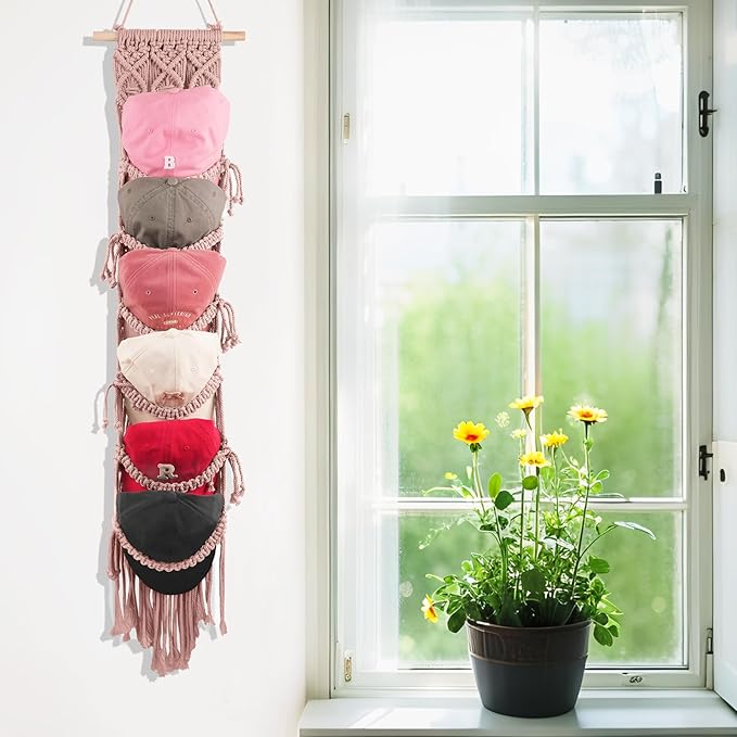 2PCS Macrame Cap Holder Boho Hat Hangers Over Door Decorative Bohemian Handmade Ball Cap Rack Organizer Woven Wall Hanging for Baseball Cap Display Decorations (Rose Pink, Up to 24 Caps)