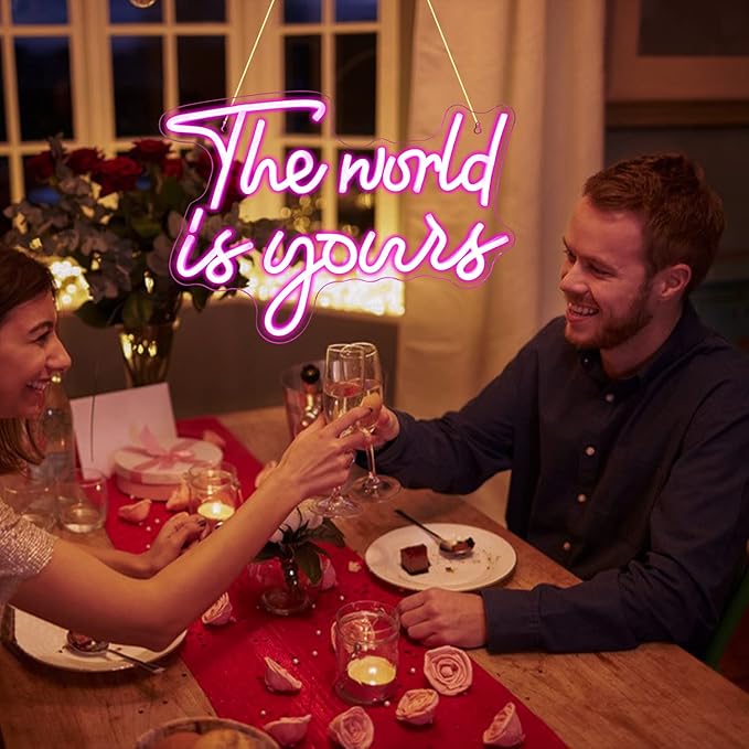 Lucunstar The World Is Yours Neon Sign - Pink Led Neon Light for Wall Decor, USB Powered Sign for Wedding, Engagement, Bedroom