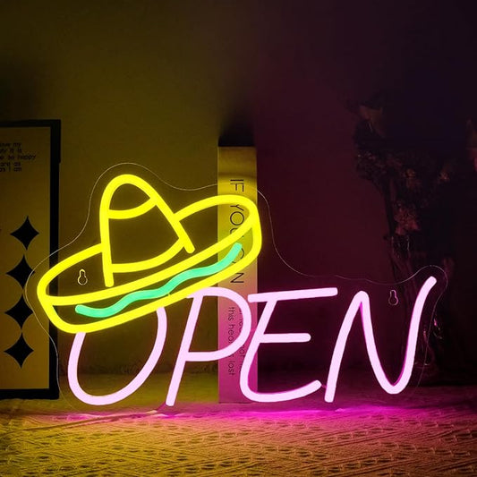 Open Neon Sign for Wall Decor Dimmable Led Lights Signs Open Signs for Business Yellow Neon Light Pink Room Decor for Tacos Shop Bar Party Stores Hotel Restaurant Gift USB Powered