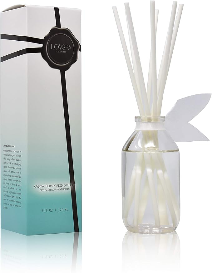 LOVSPA Summer Linen Reed Diffuser & Scent Sticks Gift Set - Fresh Soft Cotton, White Peach, Lavender & Coconut - Natural Essential Oils - Made in The USA