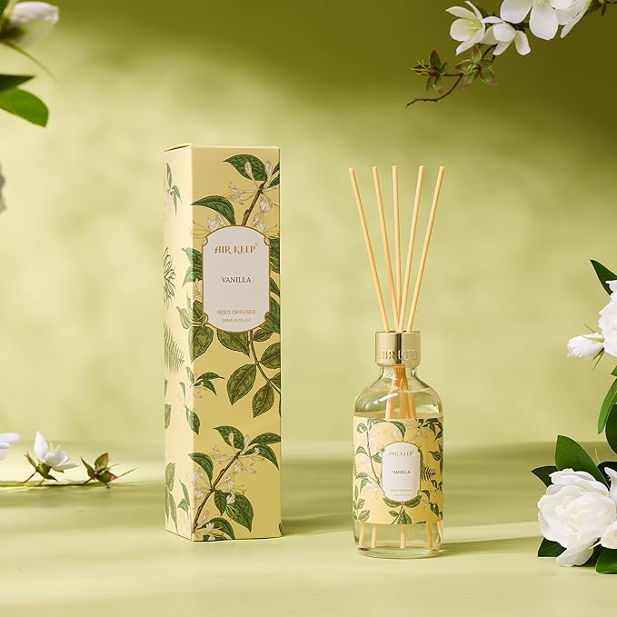 Airkeep Reed Diffuser Oil Set with Reed Sticks,Vanilla Aromatherapy Oil Scent Diffuser for Home Office Bathroom Decoration Perfume and Gifts 6.76 oz/200ml