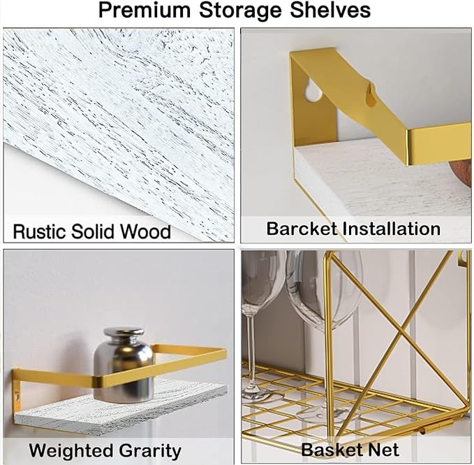 Bathroom Shelves with Wire Storage Basket, Floating Shelves Over Toilet with Protective Metal Guardrail, Wall Shelves for Bedroom, Living Room, Kitchen and Bathroom Toilet Paper