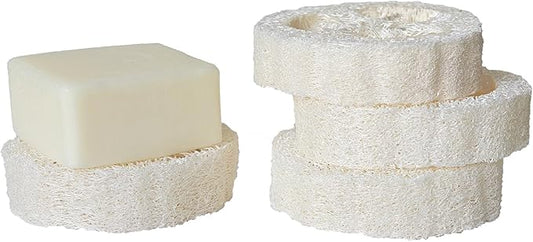 4 Pack Natural Luffa Soap Saver Pads – 2.75 Inch Fast Drying, Anti-Slip Loofah Soap Dish for Shower, Sink & Bathroom – Natural Loofah Soap Holder