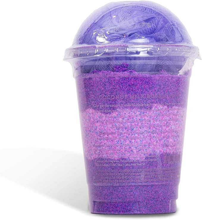 Plant Based Bubble Bath with Mesh Shower Loofah, Coconut Milk Recipe, Strawberry and Jasmine Scent, Amethyst