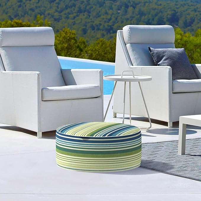 LVTXIII Inflatable Stool Ottoman Footrest with Handle, Decorative Fade-Resistant Foot Stool, Indoor or Outdoor Pouf for Home Garden and Camping Use, D21 x W 21 x H9, Stripe Blue Green