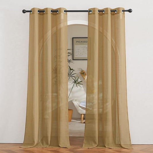 NICETOWN Sheer Linen Curtains Flax Texture 84 inch Length, Grommet Semi Sheer Window Treatments Privacy with Light Filtering Drapes for Bedroom/Living Room, Camel, W36 x L84, 2 Panels