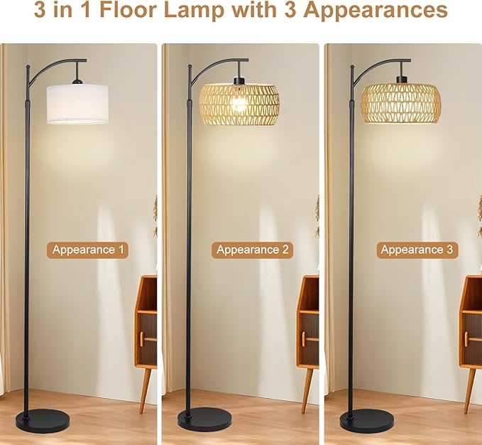 Boho Rattan Floor Lamps for Bedroom with 3 Color Temperatures, 75'' Farmhouse Arc Floor Lamp Adjustable Height with Shades/Remote Control/12W LED Bulb/360° Rotatable for Living Room, Office