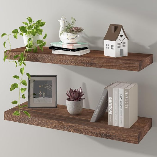 Floating Shelves 24 Inch Wall Shelf Solid Wood Mounted Storage for Bedroom Living Room Set of 2, Rustic Brown Wall Shelves