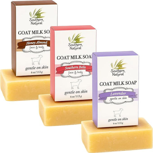 Southern Natural Goat Milk Soap Bar (Variety 3 Pack) Lavender, Southern Bell, Honey Almond - For Dry Sensitive Skin. Great For Face and Body. (Each Bar 4-4.5 oz)