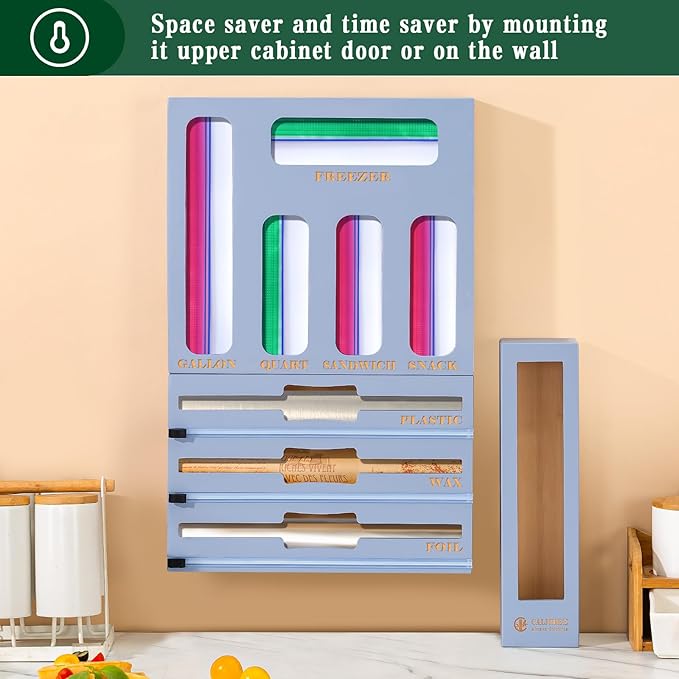 Calmbee Storage Bag Organizer, Foil and plastic Wrap Organizer with Cutter, Kitchen Organizers and Storage Compatible with Gallon, Quart, Sandwich, Snack Bags and 12" Aluminum Foil & Wax Paper, Grey