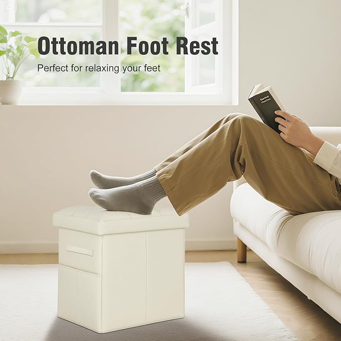 Ottoman with Storage, Slim Tall Foot Rest Stool with Thicker Foam Padded Seat. Folding Leather Storage Ottoman Furniture with Handles & Side Pocket for Living Room Bedroom 350 lbs, 17x13x17in, Beige