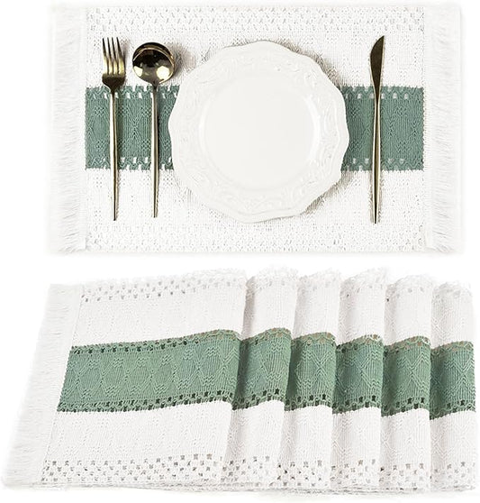 FEXIA Sage Green Boho Placemats Set of 6, Macrame Table Decor and Farmhouse Style Placemats Natural Cotton Burlap, for Dining Table
