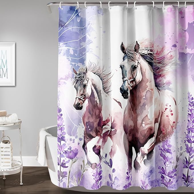 AILONEN Watercolor Flower Horse Shower Curtain,Galloping Horse Bath Curtain,Purple Lavender Horse Decoration Bathroom Curtain with 12 Plastic Hooks,Waterproof 72" W*96" H